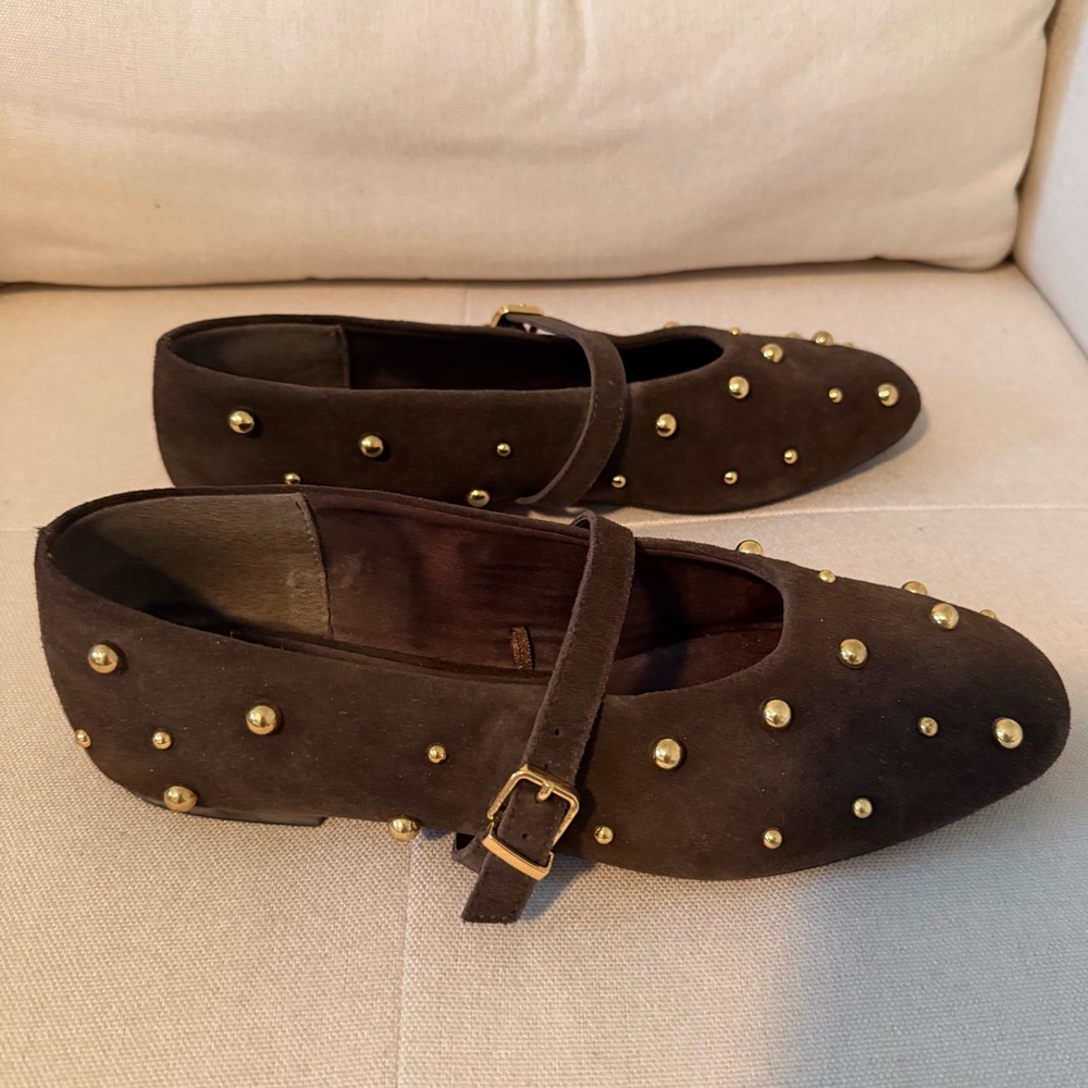 Zara Brown suede gold stud studded Mary Jane flats. Excellent condition! - Picture 2 of 8